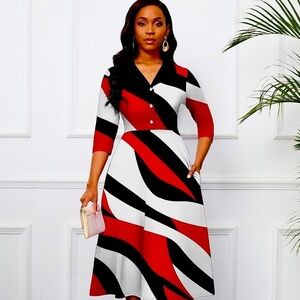 NWT- FANDEE Women's 3/4 Sleeve V Neck Cocktail Party Midi Dress- High Waisted